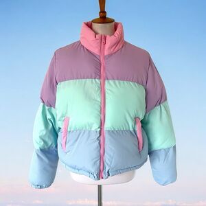 Women's Missguided Pastel Colorblock Puffer Jacket Coat Pink Blue Purple Size 10